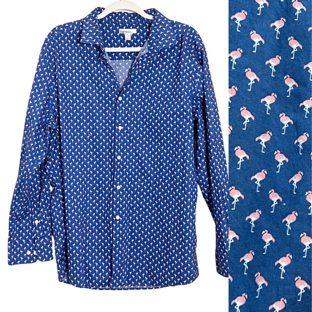 Bar lll Blue‎ Flamingo Print Slim Fit Button-Up Shirt Size XL Vacation Resort